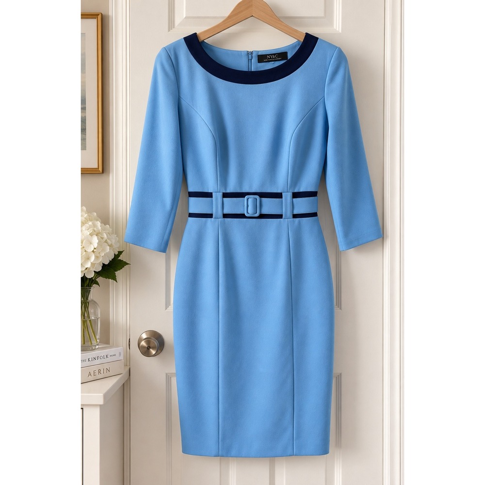 New York & Company Blue Belted Sheath Dress M Navy Trim Mod Jackie O Workwear